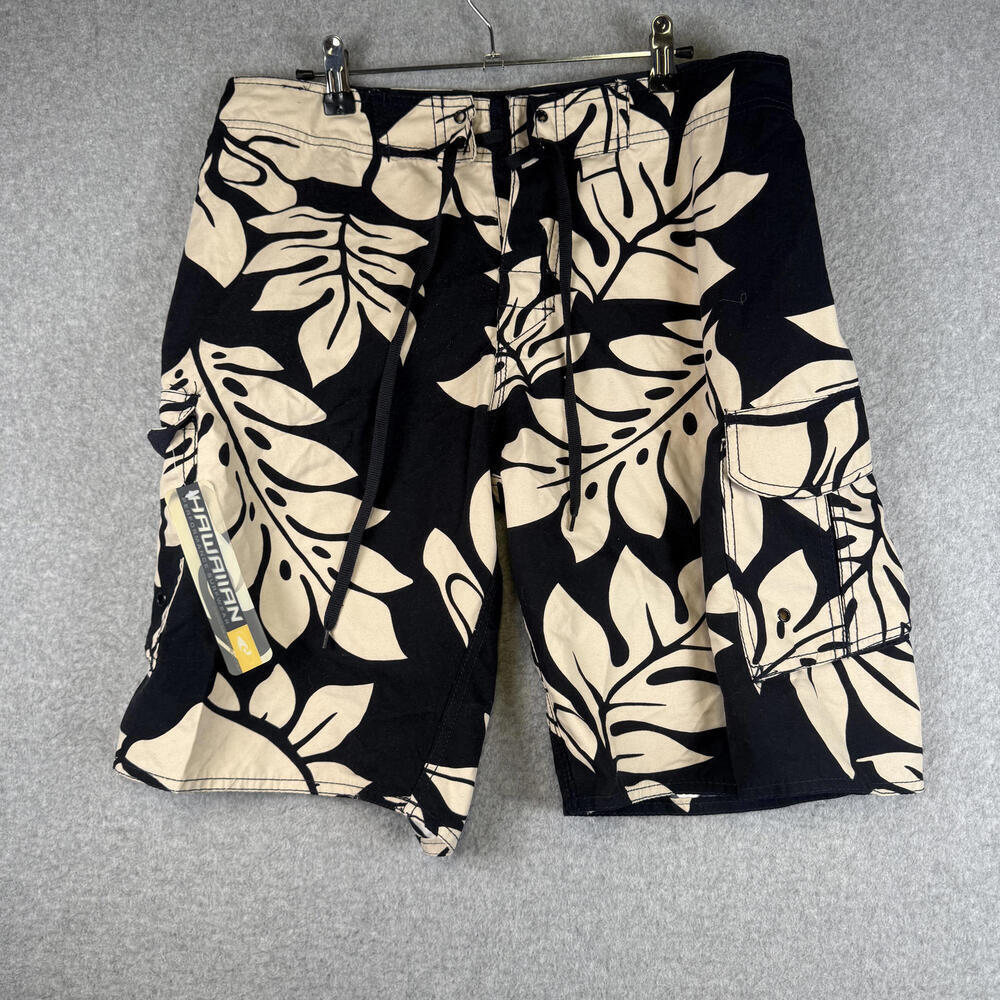 Hawaiian Performance Surfwear Men's Size 32 Black White Floral Board Shorts Swim